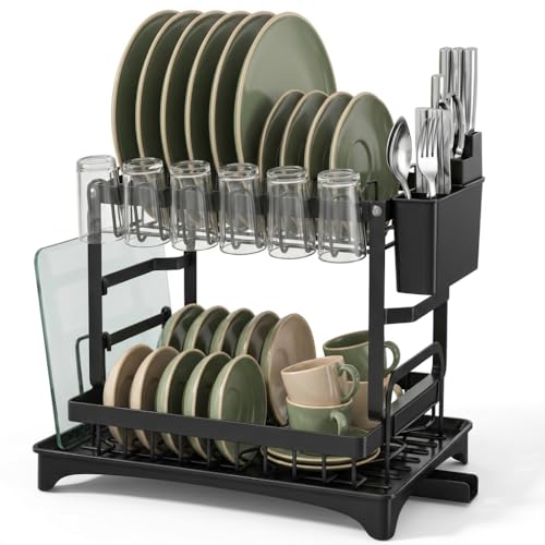 Escorredor de Louça Aço Inox 2 Andares Moderno com Drenagem Automática, Porta Talheres e Bandeja Coletora, Organizador de Pia para Pratos Copos e Utensílios, Resistente e Compacto