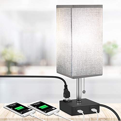 USB Table Lamp, MOICO Bedside Nightstand Lamp Square Fabric Shade with 2 USB Charging Port and 3-Prong AC Outlets, Modern Design Desk Lamps for Bedroom, Living Room, Kids Room, College Dorm, Bookcase - Thumbnail 7