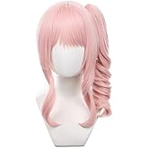 Haomascot Long Pink Curly Cosplay Wigs with A Ponytail Halloween Costume Wig For Women