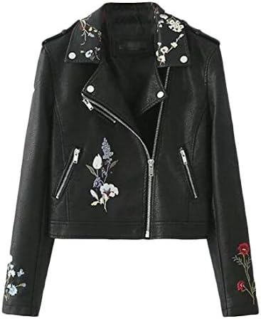 desolateness Womens Faux Leather Zipper Loose Embroidery Moto Bike Jcket black XS