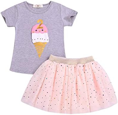 Toddler Baby Girls Tops Tulle Tutu Skirts Cute Cartoon Ice Cream Print Shirts Tutu Dresses Cute Outfits 2Pcs 0-4T Swiusd