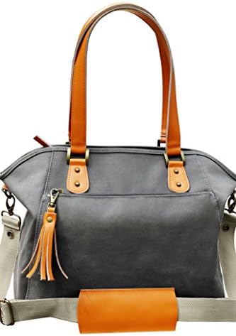 Cotton Canvas Leather Trimmed Stylish Tote Shoulder Diaper Bag, Interior Foil Insulated Bottle Holders, Shoulder Straps and a Cross Body Strap , Padded Changing Pad, Cotton Drawstring Sac Inlcuded