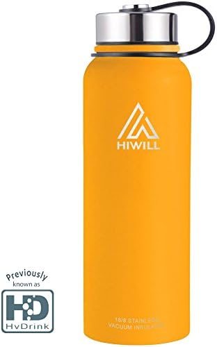 HIWILL Water Bottle Insulated - Cold 24 Hours Hot 12 Hours - 21 Ounce - 50 Ounce, Stainless Steel Wide Mouth Vacuum Thermos with Medal Strainer by (Mango, 37 Ounce)