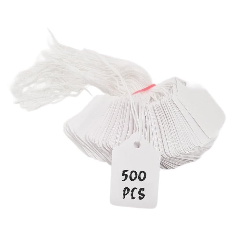 Swift Strung Tags White Card Clothing Parcel Label String Hanging Gift Swing Tickets Kraft Hang Price Labelling 48mm x 32mm (Pack of 500)