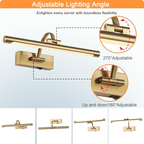 Tassuowell Wireless Picture Lights for Wall Rechargeable, Battery Operated Art Light for Paintings, 3CCT Dimmable, 15.7" Brass Finish with Remote, Rotatable Gallery Light for Pictures Display