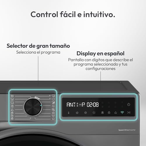 ProWash 500 BR 49SBL8G-S, Lavadora 9 KG, 1400 RPM, Display Digital, Conectividad WIFI, 16 Ciclos, Motor Inverter, Inicio Diferido 24H, Bloqueo Infantil, Tambor 52,5cm, 72 DB, Antracita