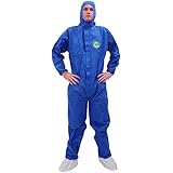 Raytex 30303 SMS Disposable Coveralls Chemical Protective Suit Elastic at Cuffs, Ankles, Hood and Waist Zip Front Serged Seams for Spray Paint Mechanic Work(Large, Blue)