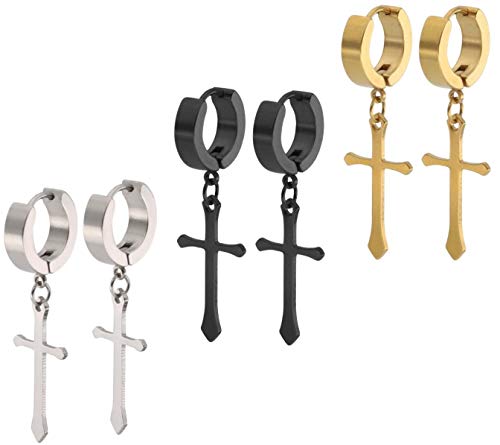 Men Women Girls Hoop Earrings,Classic Titanium Stainless Steel Cross Pattern Cross Drop Dangle Hoops Earrings for Sensitive Ears (3 Pairs)