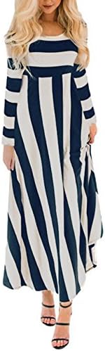 ORQ Women's Long Sleeve Round Neck Striped High Waist Loose Casual Maxi Tunic Dress,blue striped,Small