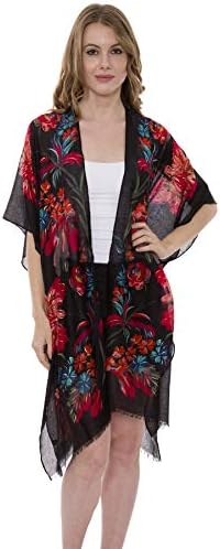 Janice Apparel Women's Summer Long Light Floral Print Short Fringes Kimono Open Front Outwear Beachwear Dress