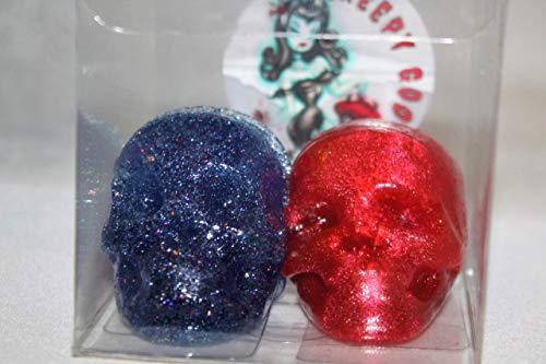 GET 2 JELLY SKULL SHAPED SOAP BARS 1 IN RED & 1 IN BLUE 2 DIFFERENT SCENTS THEY HOLD SHAPE AND LAST A VERY LONG TIME KIDS LOVE IT