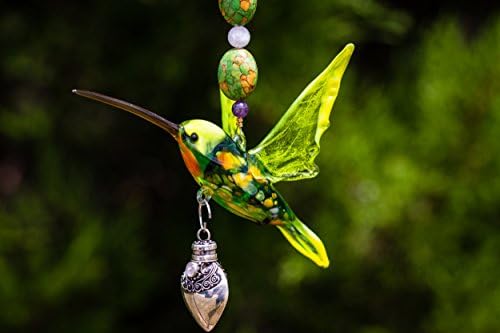 8" Hanging Collectible Murano Glass Green Headed Hummingbird Ornament with Silver Keepsake Pendant for Ash - Sympathy Gift