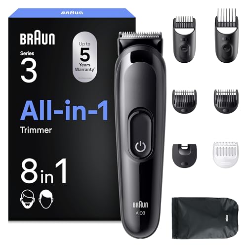 Braun Rifinitore All-In-One Series 3, Rasoio Elettrico Barba E Capelli 8In1, Lama Ultra Affilata, Rasoio Elettrico Corpo Uomo, 14 Lunghezze, 50 Min. di Autonomia, Styling Facile Viso E Capelli,AIO3545