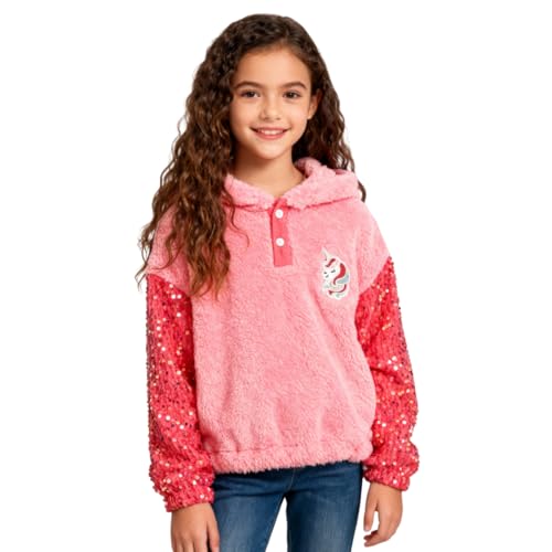 WELAKEN Girls' Button-Detail Fuzzy Sherpa Fleece Hoodie with Unicorn Patch & Sequin Sleeves – Cozy & Warm Kids' Pullover