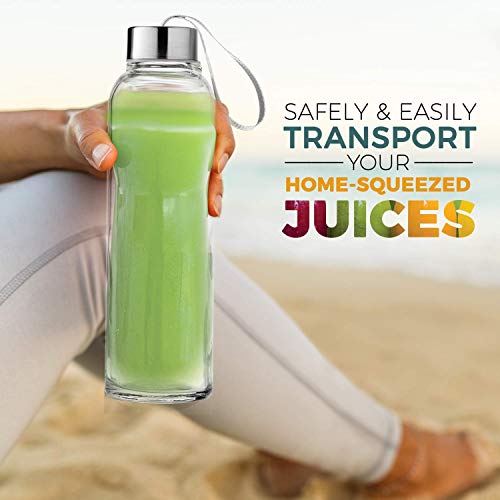 Glass Water Bottle 6 Pack 18oz Bottles for Beverages and Juicer Use Stainless Steel Leak Proof Caps with Carrying Loop - Including 6 Black Nylon Protection Sleeve and Soft Cleaning Brush - Thumbnail 5