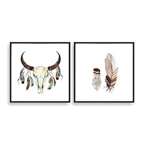 2 Piece Framed Canvas Home Artwork Decoration Feather and Deer Canvas Wall Art for Living Room, Bedroom - 16"x16"x2 Panels