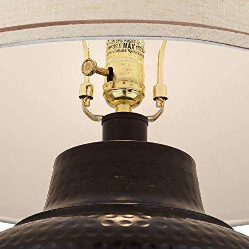 Brighton Rustic Table Lamp Hammered Bronze Metal Pot Beige Linen Drum Shade for Living Room Family Bedroom Nightstand - Barnes and Ivy - Thumbnail 4