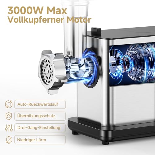 AAOBOSI Electric Meat Mincer [3000 W MAX] with LED Display, 3 Speeds, Meat Grinder with Anti-Clogging Technology, Built-in Storage Box, Sausage Filler & Kibbe Making for Home Use