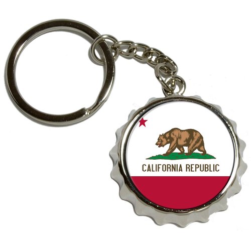 California Republic Flag - Nickel Plated Metal Popcap Bottle Opener Keychain Key Ring