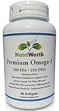 NutriWorth Premium Omega 3 Natural Fish Oil Concentrate!! (1000mg of Molecularly Distilled Natural Fish Oil 500EPA/250DHA per Softgel) Burpless Softgels with Enteric Coating. 90 Softgels.