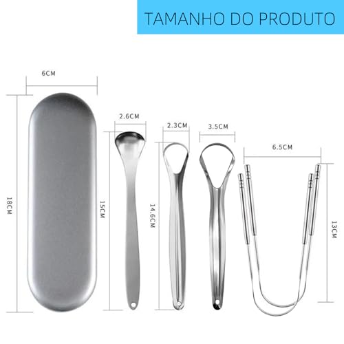 Raspador de Lingua, GODREAM Limpador de Lingua Inox com Estojo, Kit 5 Higiene Bucal, Limpeza Bucal Profunda, Elimina Mau Hálito, Remove Saburra, Lavável e Reutilizável, Essencial para Casa e Viagens