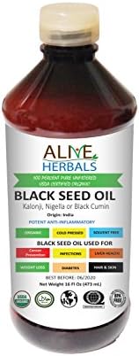 Alive Herbal Black Seed Oil Organic Cold Pressed - 100% Raw Unfiltered, No Preservatives &amp; Artificial Color. BPA Food Grade Plastic Bottle 16 OZ.