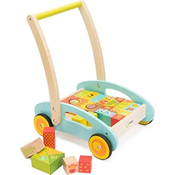 cossy Wooden Baby Learning Walker Toddler Toys for 1 Year Old Forest Theme Blocks & Roll Cart Push Toy (37 Pcs) Updated Version