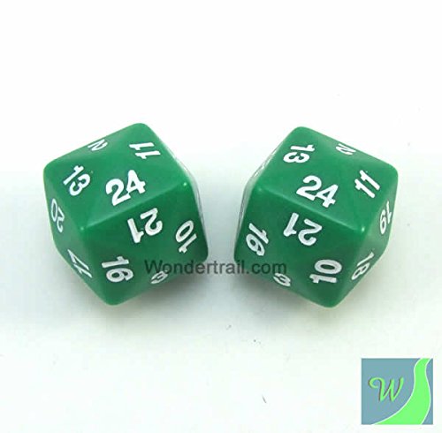 Green Opaque Dice with White Numbers D24 24mm (15/16in) Pack of 2 Dice Koplow Games WKP11791E2