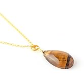 Gem O World Natural Tiger Eye Pear Shape Pendant Necklace for Women | Gold Plated Hypoallergenic Dainty Crystal Jewelry | Strength & Confidence Stone Curb Chain 16"+2" (Tigers Eye)