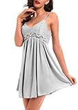 Women Lace Lingerie Sleepwear Chemises V-Neck Full Slip Babydoll Nightgown Dress Gray XL