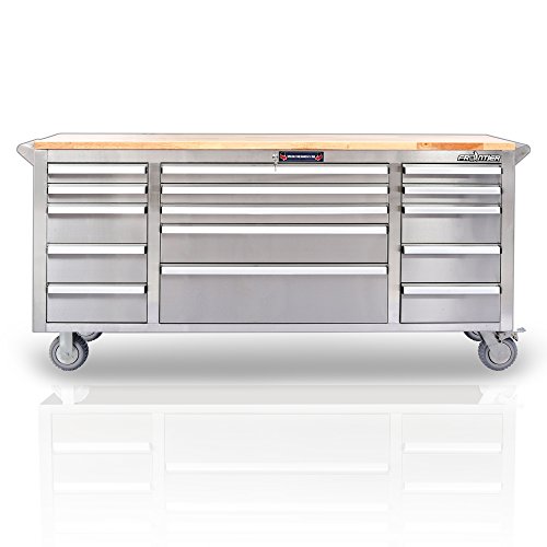 Stainless Steel Working Station Roller Cabinet - 72inch heavy duty, 15 drawers with ball bearing slides, Frontier qualified, Max loading: 1000LBS, moveable workbench, wooden working top