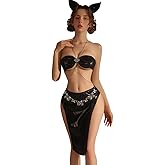 SENJIY sexy cat outfit for women lingerie cute Babydoll Egyptian anime roleplay Halter Neck Cosplay Costume High Slit Bodysuit Skirt Short Dress PU Leather Top Bra Ears Thong Set Black