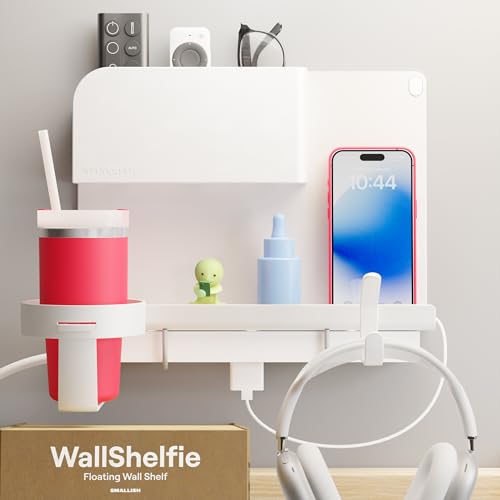 WallShelfie Bedside Wall Organizer, Floating Bedside Shelves, Wall Mount Essential Accessories for Room Decor, Dorm, Makeup Organizer, Remote Control Holder, White