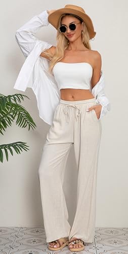 AISEW Women's Cotton Linen Palazzo Pants Drawstring Elastic Waist Casual Wide Leg Long Lounge Trousers with Pockets