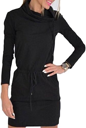 DATAIYANG Chic Womens Waist Autumn Winter Solid Sexy Strappy Heap Collar Dresses BlackX-Small