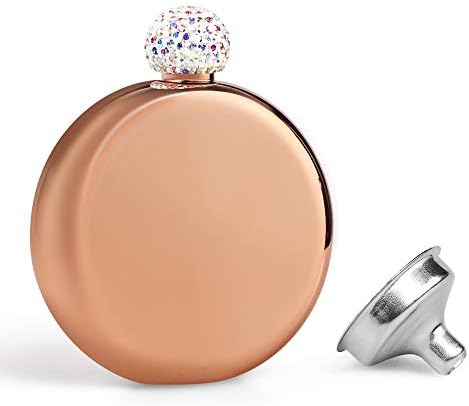 KWANITHINK Flasks for Liquor for Women, Stainless Steel Liquor Flask with Rhinestone Lid, Whiskey Flask Round with Funnel 5 oz (Gold)