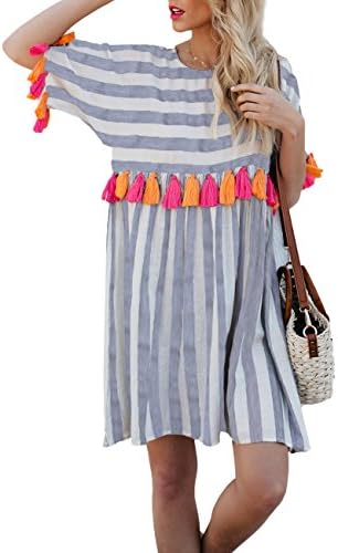 AINORS Women's Plus Size Casual Loose Round Neck Short Sleeved Striped Colorful Tassel Trim Dress