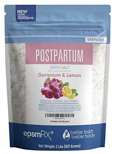 Postpartum Sitz Bath Salt 32 Ounces Epsom Salt with Frankincense, Lavender, Geranium, Chamomile and Lemon Essential Oils Plus Vitamin C and All Natural Ingredients BPA Free Pouch with Easy Press-Lock