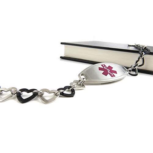 My Identity Doctor - Women's Medical Alert Bracelet with Custom Engraving - 1cm Steel Black Hearts - Purple - Wrist Size 7.25 Inch