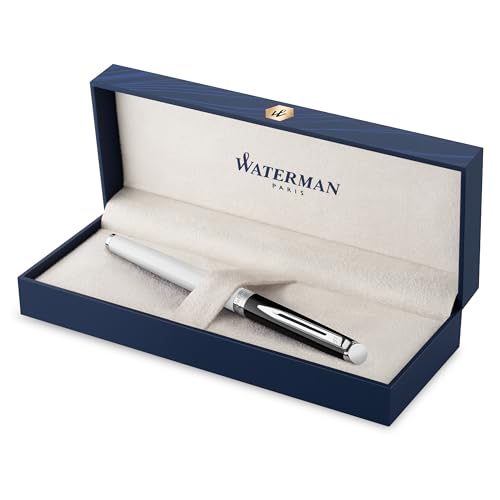 Waterman Hemisphere Fountain Pen | Black & White Lacquer with Palladium Coated Trim | Stainless steel Fine Nib | Blue Ink | Gift Box