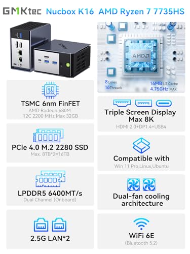 (3 Year Warranty) GMKtec K16 Gaming Mini PC with Metal Case, AMD Ryzen 7 7735HS (8C/12T, up to 4.75GHz), 32GB RAM LPDDR5 at 6400 MT/s+512GB SSD, 2*LAN 2.5GbE/Oculink/USB4/HDMI/USB-C