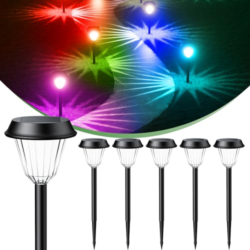 Quntis 6 Packs Outdoor Solar Lights Warm White/RGB, Waterproof IP65 Solar Garden Lights, Automatic Solar Lamp, Warm White Solar Light for Garden, Pathway, Patio, Walkway, Lawn Home