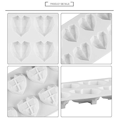 Dasaba 1PCS Silicone Baking Molds 3D Diamond Love Heart Shaped Silicone Mold Tray Non-stick Reusable Chocolate Mold for Baking Cake, Cookies, Oreo, Muffin Cupcake Handmade Soap (White)