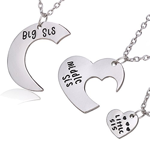 3pcs Family Jewelry Gift Big Sis Middle Sis Little Sis Love Heart Charm Pendant Necklace Set for Sister (3pcs Big Middle Little Sister Necklace)