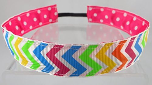 Neon Chevron Ribbon Stretch Reversible Sports Elastic Headband Shocking Pink White Dot