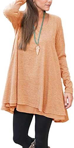Floral Find Women Long Sleeve Lace Hem Blouse Layered Scoop Neck Tunic Loose Fit Dress