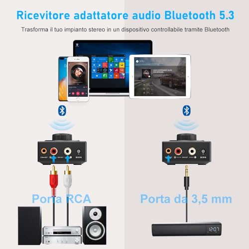 YMOO Bluetooth 5.3 HiFi Audio Receiver for Stereo System, 3.5mm RCA Jack, Wireless Range of 100 Feet, Aux Adapter for Tablet/Smartphone/PC/Laptop/Headphones