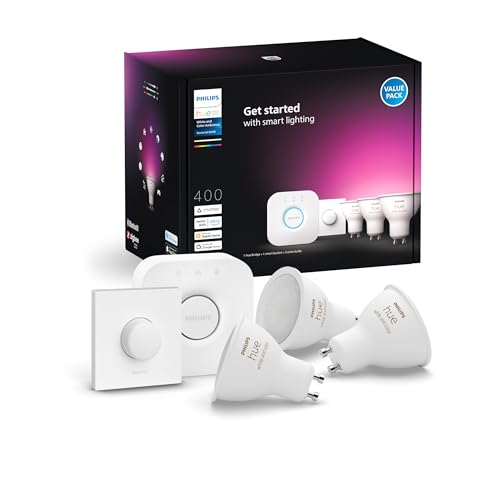 Philips Hue Starter Kit: Bridge + 3 GU10 Smarte Glühbirnen + Smart Button, White and Color Ambiance, Smart Light Hub, kompatibel mit Alexa, Google Assistant, Samsung SmartThings, Apple Home