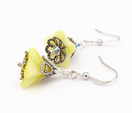 Yellow Earrings Flower Dangle Antiqued Silver-tone Woodland Rustic Wedding Bridesmaid Gift for Her