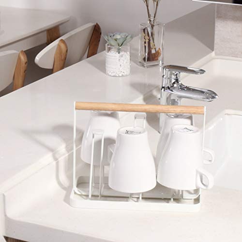 Cup Drying Rack Stand, 6 Cup Metal Drainer Holder Rack Non-Slip Mugs Cups Organizer with Wood Handle, White